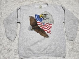 Vintage Flying Bald Eagle American Flag L Sweatshirt Patriotic Gray Long Sleeve - $20.30