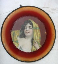antique victorian FLU COVER ART LADY w/REVERSE PAINTED BORDER woman scarf - £33.63 GBP