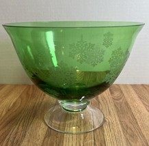 Vintage FTD Christmas Green Glass Footed Compote Candy Bowl Frosted Snowflake - £15.69 GBP