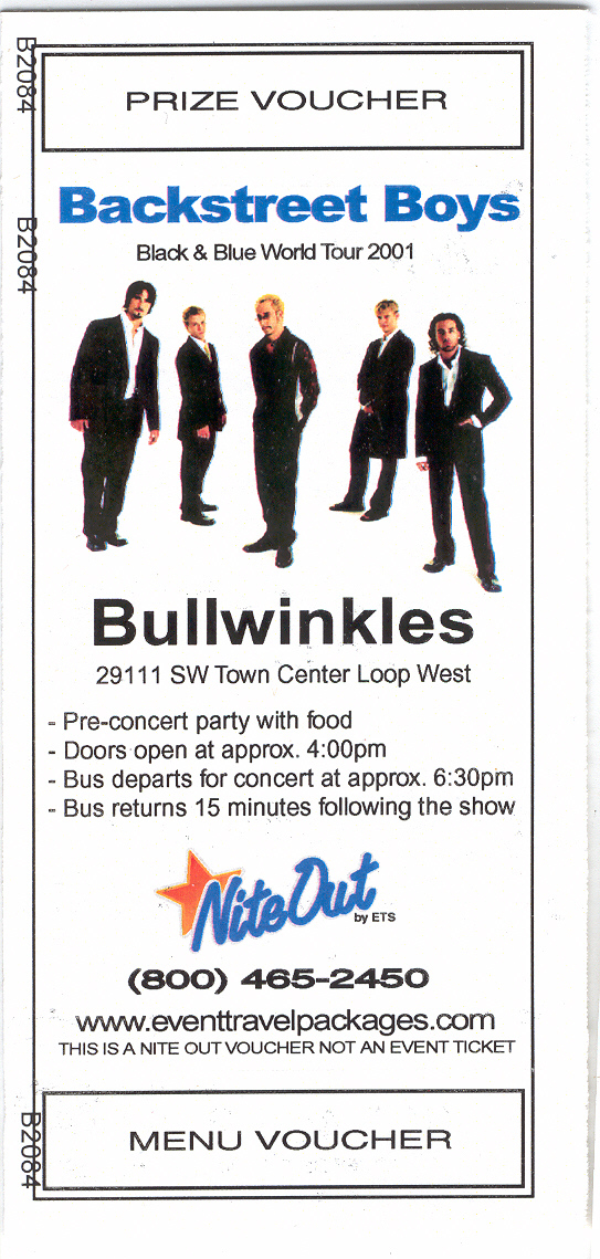BACKSTREET BOYS VIP PARTY 2001 TICKET STUB BULLWINKLES FT. LAUDERDALE BL... - $4.95