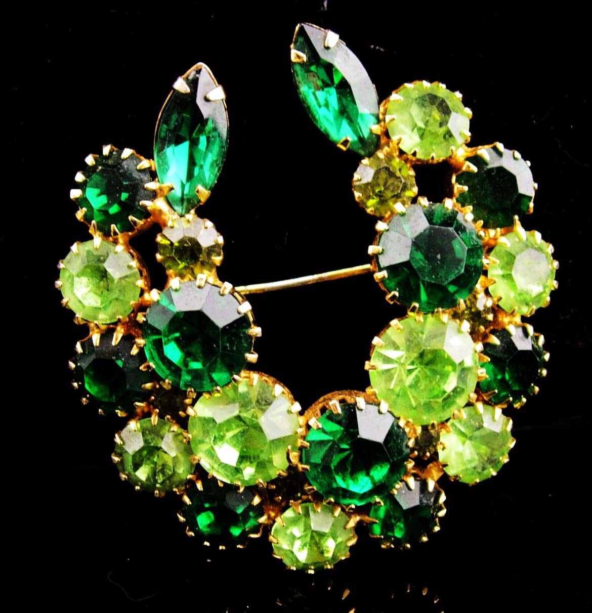 Primary image for Vintage Navette Brooch / LARGE green wreath / Womens lapel pin / rhinestone jewe