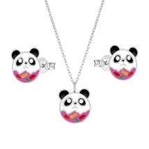 Panda Jewelry Set 925 Silver Stud Earrings &amp; Necklace with Crystals - £22.05 GBP