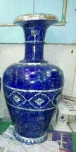 Lapis Lazuli Stone Overlay Work Coffee Table Decor Vase White Marble Flo... - $1,968.12
