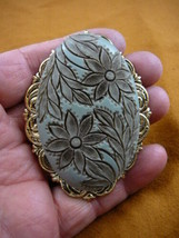 (CL81-5) Simple flowers green gray flower oval CAMEO Pin pendant Jewelry garden - $36.45