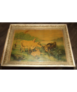 vintage 23&quot;x 17&quot; P.O. Vickery 1887 framed people + cows picture good used - $79.19