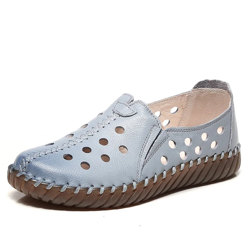 Summer Soft Genuine Leather Women Loafers Flat Casual Shoes Breathable Hollow Ha - £58.01 GBP