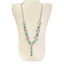 Drop Necklace Leather Chain Turquoise Beads Silver Tone Aluminum Links Boho - $19.79