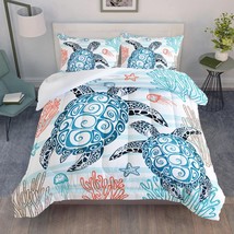 Sea Turtle Comforter Set,Coastal Beach Themed Bedroom Comforter Set Queen Size F - $100.99