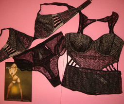 Victoria&#39;s Secret unlined 36C BRA SET+M+CORSET bustier Black floral lace strappy - £89.22 GBP