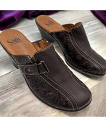 Sofft Floral Tooled Leather Slip-on Closed Toe Clog Mules Block Heel Bro... - $35.15