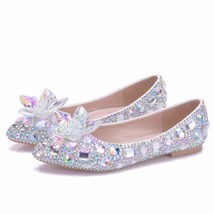Crystle Cinderella Shoes Rhinestone Heels Sexy Woman Wedding Dress Flats Big Siz - £83.51 GBP