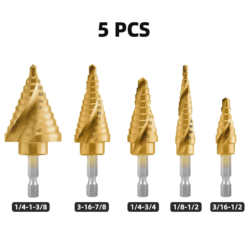 5 Pcs HSS Titanium Coated Step Drill Bit Set Multiple Hole Opener Power Tool Ste - £210.16 GBP