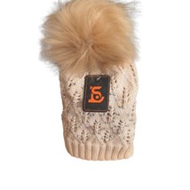 Womens Fleece Lined Beige Brown Knit Beanie Fur Pom Crochet Embellished Front - £9.40 GBP