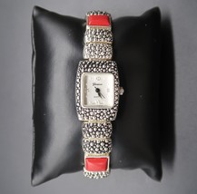 Vtg Geneva Watch Stainless Steel Red Cabachon Accent Southwest Style Ban... - $75.00