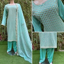 Pakistani Sea Green 3Pcs  Chiffon Dress with thread embroidery ,L - $98.01