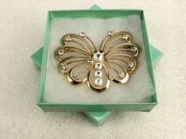 Gold Tone Tone Brooch Pin, Art Deco, Open Wing Butterfly, Rhinestones, #... - $14.65