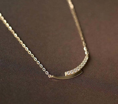 14ct Solid Gold Zirconia Crystal Smile Necklace  14K Au585, curve, handmade - £155.84 GBP