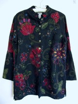 Chico&#39;s Artsy Embroidered Jacket 1 S 8 Colorful Floral Beaded Studs Black Long - £40.05 GBP