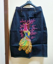 Blue Denim Skirt With Peacock Embroidery Size M - L (32&quot; Waist) - £33.16 GBP