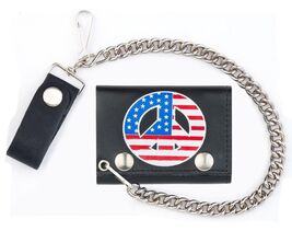 AMERICAN FLAG PEACE SIGN TRI FOLD BIKER WALLET With CHAIN mens LEATHER #... - $10.92