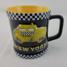 NYC Taxi Mug Cup Cab Embossed New York Checkered Flag Plaid Yellow Vtg - £7.07 GBP