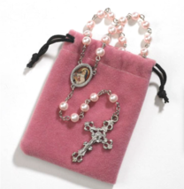 Saint Therese of Lisieux Little Flower Faux Pink Pearl Rosary &amp; Pouch Ca... - $12.99