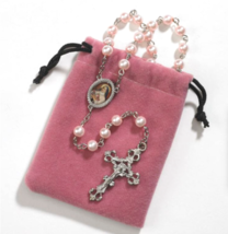 Saint Therese of Lisieux Little Flower Faux Pink Pearl Rosary &amp; Pouch Ca... - £10.17 GBP