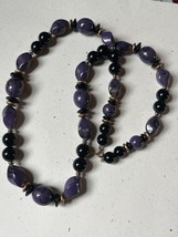 Vintage Chunky Purple &amp; Black w Goldtone Spacer Bead Necklace – 28 inches long x - £8.92 GBP