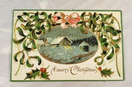 Vintage 1908 A Merry Christmas Postcard Embossed Snow Scene Farm Made in Germany - £3.87 GBP