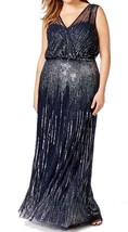 Adrianna Papell New Womens Navy Mesh Sleeveless Wrap Front Beaded Gown 10  $370 - £196.43 GBP
