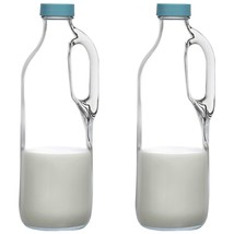 2 Pc 47Oz Clear Glass Pitchers With Handles And Lids - Airtight Refrigerator Wat - £34.25 GBP