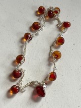 Thin Cream Crocheted Cord w Tiny Iridescent Clear &amp; Amber &amp; Red Glass Beads Hipp - £8.88 GBP