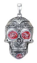 Day of the Dead Tattoo Skull Charm Pendant, Red and Silver Colored - £13.36 GBP