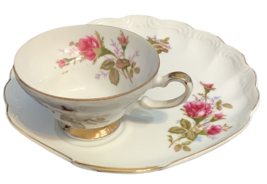 Vintage China  Sandwich Desert Plate &amp; Tea Cup Gold Trimmed Floral Roses Pink - $21.15