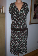 Max Studio Brown Green Print Dress Faux Wrap Dropped Waist Sz Medium EUC - $25.49