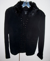 Willi Smith Black Suede Rabbit Fur Trim Studded Sweater Top Sz Small EUC - $34.65