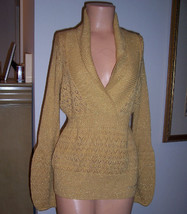 NWT DKNY Jeans Gold Metallic Lurex Pointelle Sweater - Petite Medium - £31.09 GBP