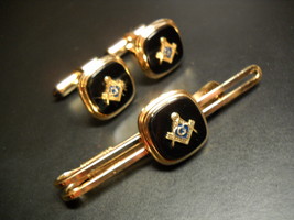 Krementz Vintage Masonic Cuff Links and Tie Bar Golden Color with Black ... - $24.99