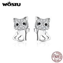 WOSTU Cute Cat Earrings 100% Real 925 Silver CZ Jewelry Little Kitty For Women   - £15.81 GBP