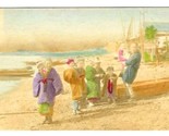 Family at the Beach Undivided Back Postcard Japan Hand Colored  - $11.88