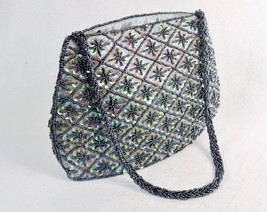 Small Purse/Hand Bag ~ Gray Beads &amp; Green Sequins on Light Gray Fabric, #CHBP18 - £9.96 GBP