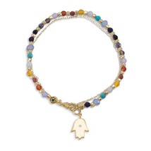 Double Strand Multistone Gold Bracelet with Hamsa Charm - £48.24 GBP