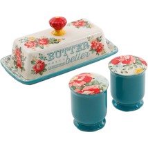 Pioneer Woman Vintage Floral Butter Dish and Lid Salt Pepper Shakers Sto... - $473.27 MXN