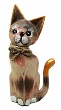 Balinese Wood Handicrafts Adorable Feline Cat With Rope Ribbon Tie Figurine - £19.97 GBP