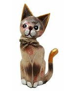 Balinese Wood Handicrafts Adorable Feline Cat With Rope Ribbon Tie Figurine - $24.99