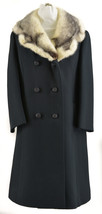 Vintage Black Wool Blend Coat Black &amp; Ivory Cross Mink Fur Collar with P... - $144.99