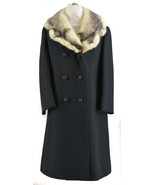 Vintage Black Wool Blend Coat Black &amp; Ivory Cross Mink Fur Collar with P... - $201.16 CAD