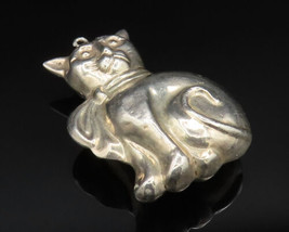 925 Sterling Silver - Vintage Hollow Cat With Tied Scarf Pendant - PT20482 - £57.67 GBP