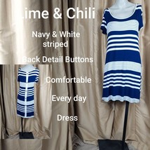 Lime &amp; Chili Navy Blue &amp; White Striped Button Down Back Dress Size S - £9.37 GBP