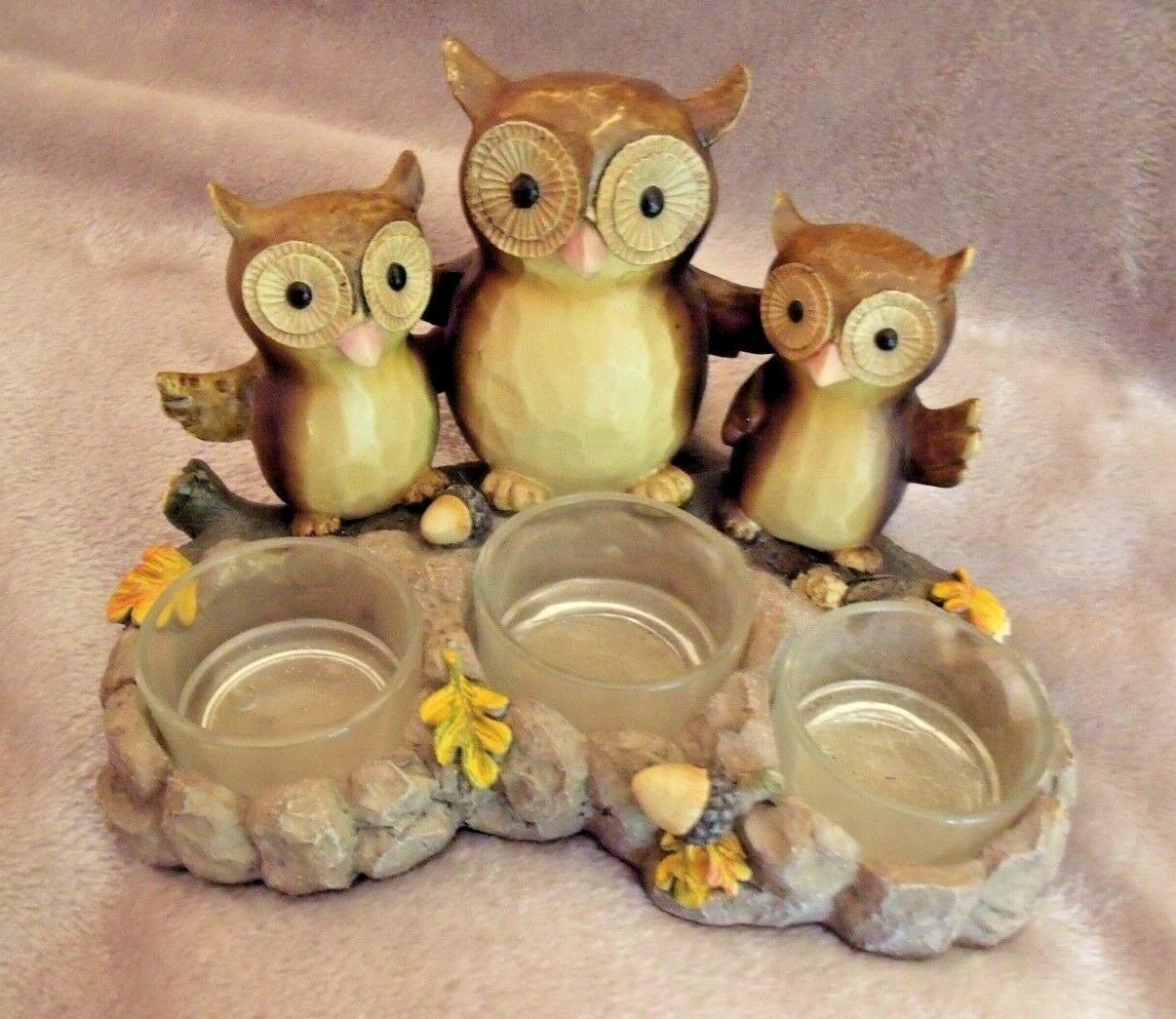 2012 Yankee Candle 3 OWLS Tealight CANDLE HOLDER Fall LEAVES & ACORNS Campfire - $24.70